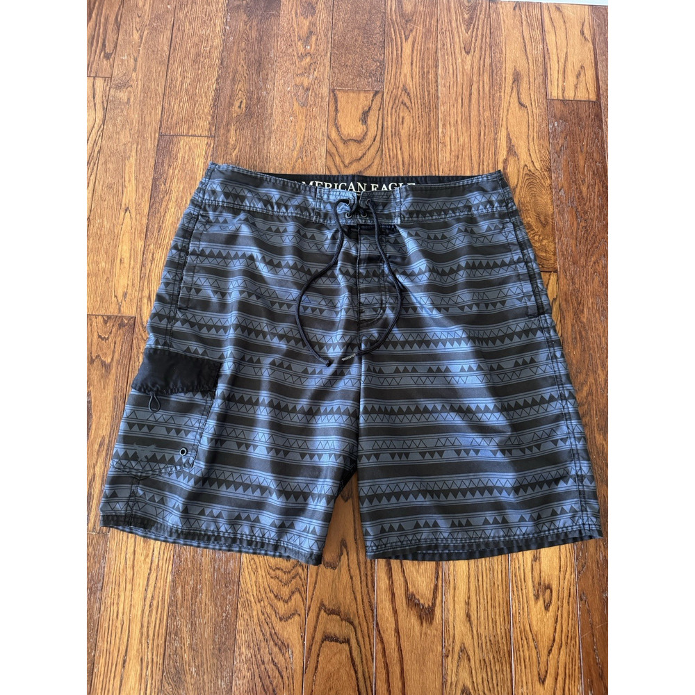 American Eagle Board Shorts Mens XL Geometric Black Blue Swim Trunks Surfing